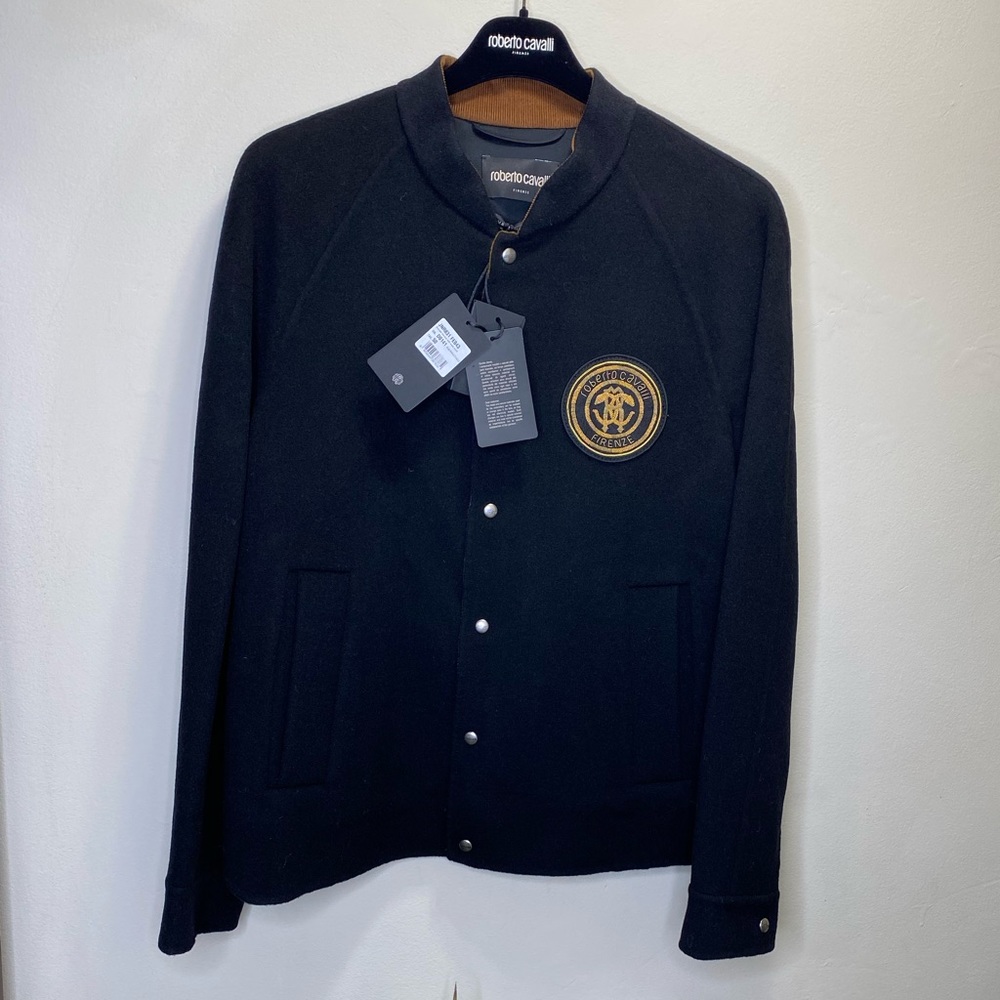 ROBERTO CAVALLI Men’s Black/Multicolor Mirror Snake Wool Bomber Jacket Size 40